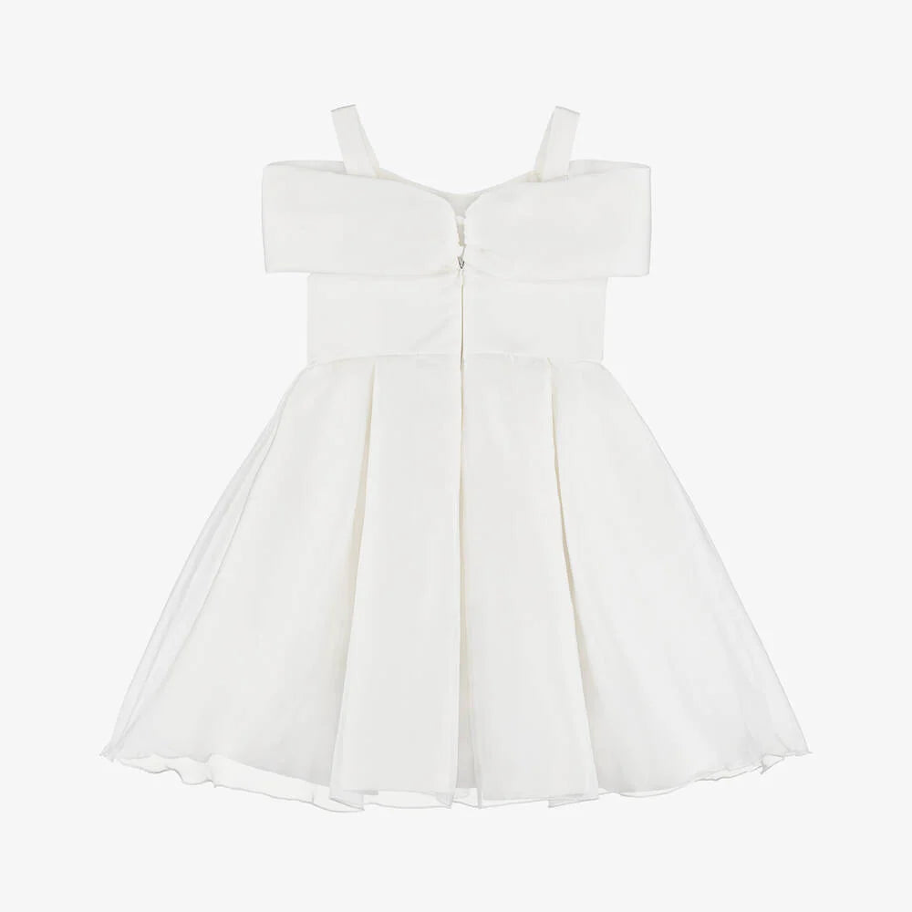 Girls White Pleated Bow Dress