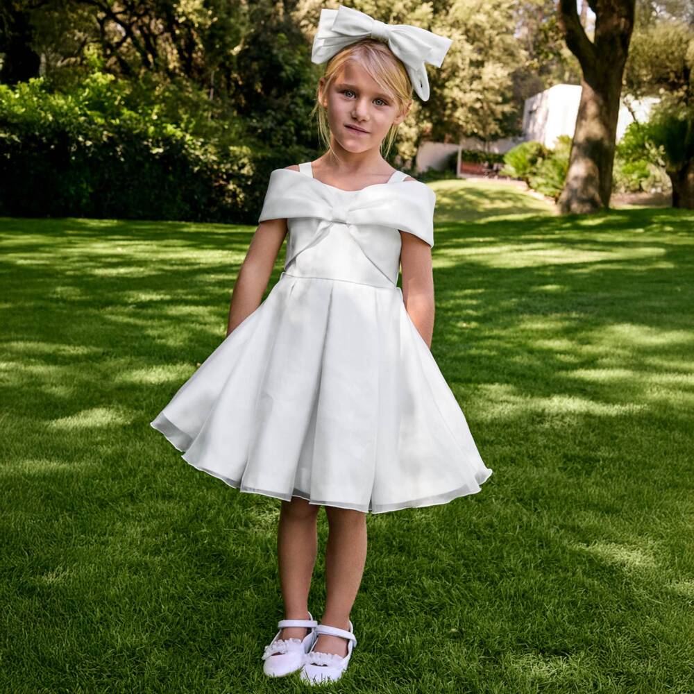 Girls White Pleated Bow Dress