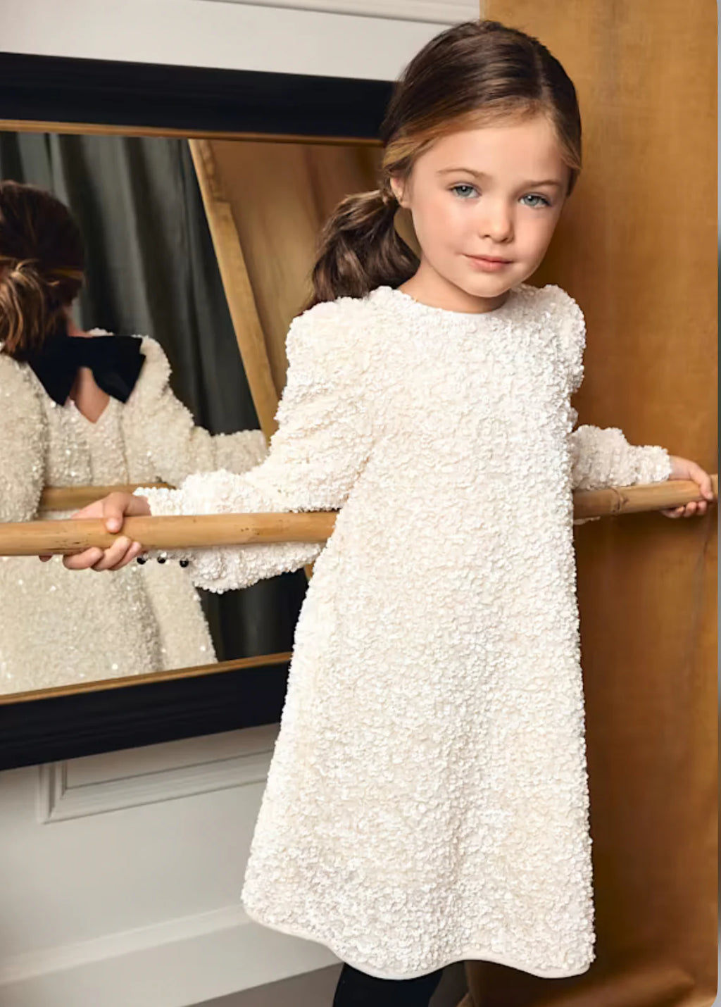 Girls Off White Sequined Dress