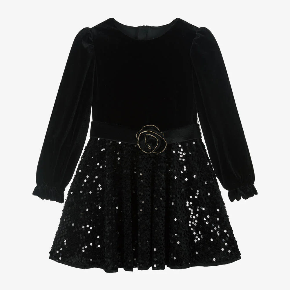 Girls Black Velvet Sequin Dress