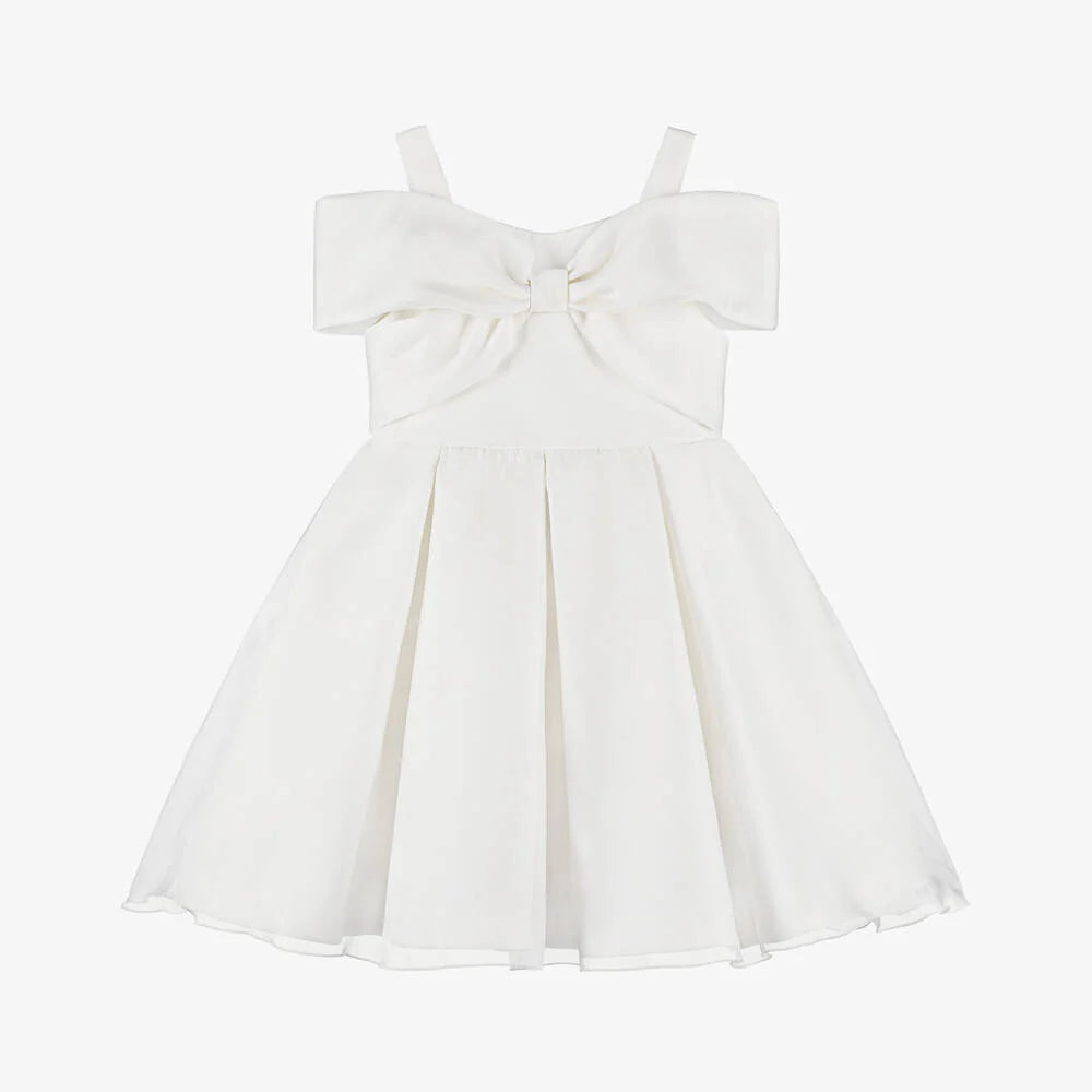 Girls White Pleated Bow Dress