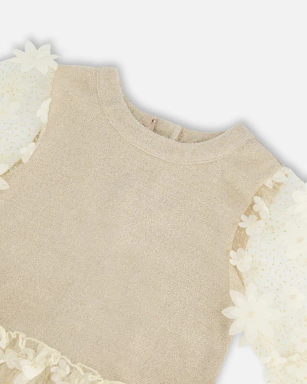 Girls Beige Floral Tulle Dress