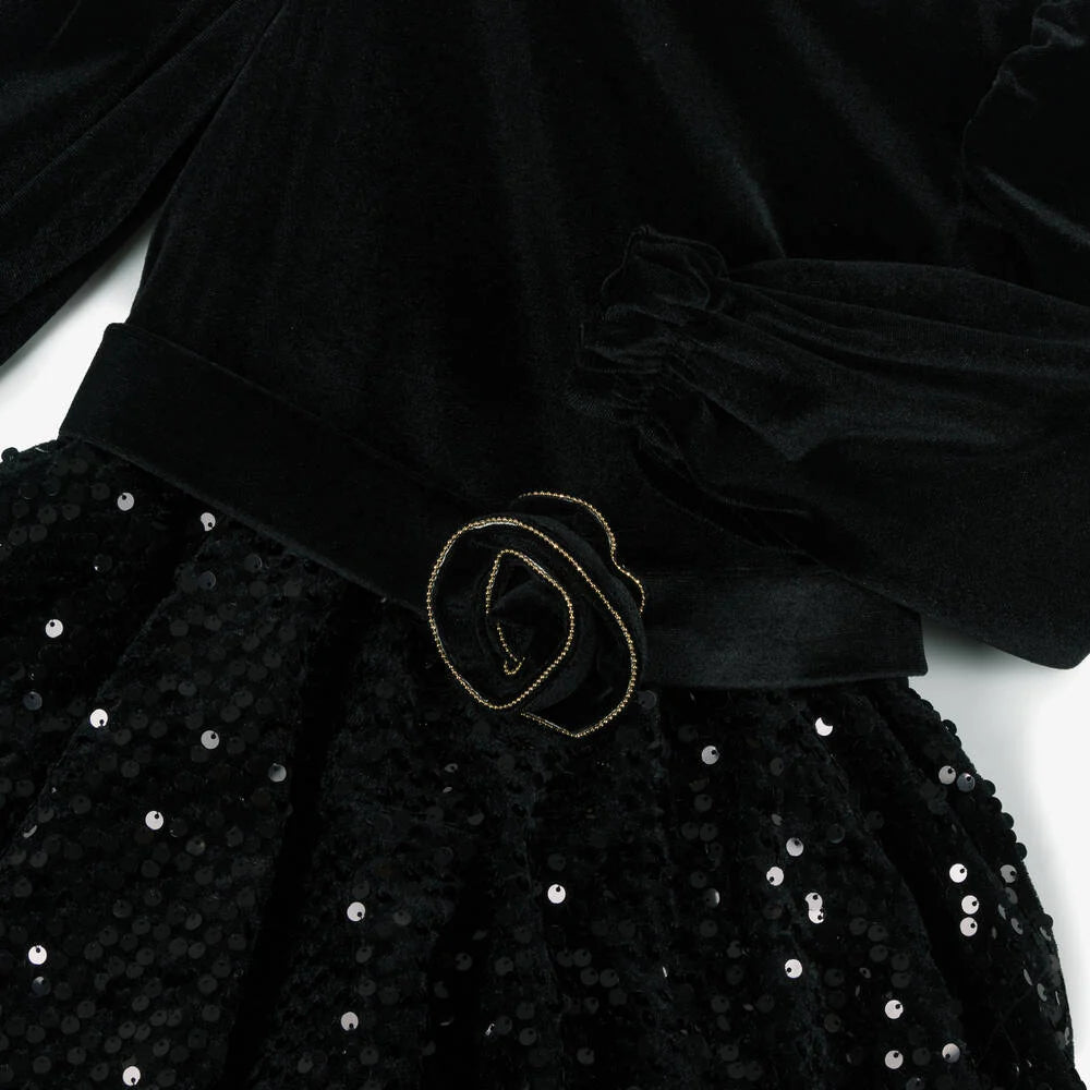 Girls Black Velvet Sequin Dress