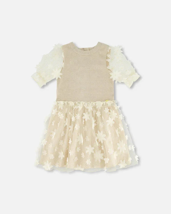 Girls Beige Floral Tulle Dress